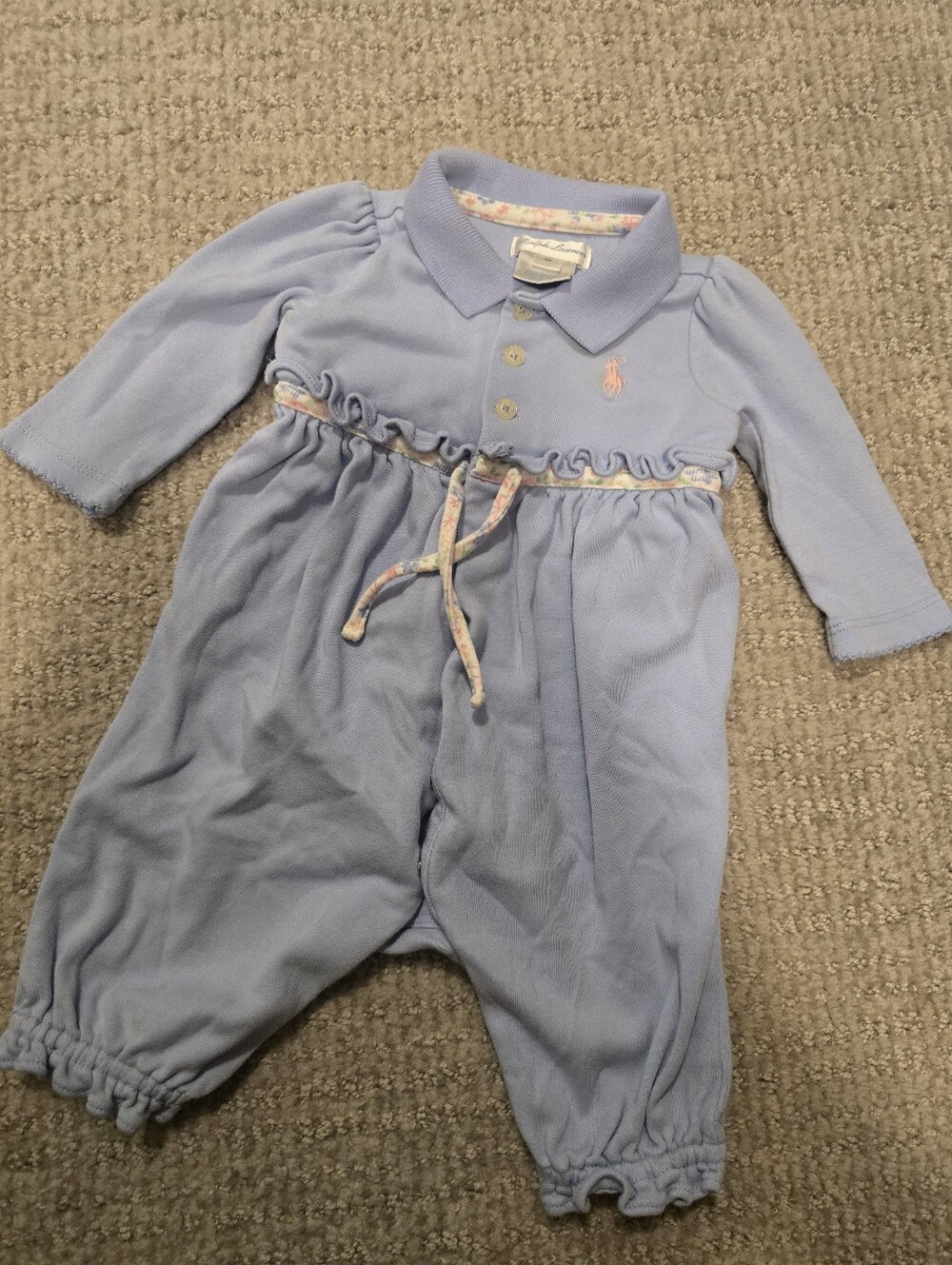 Ralph Lauren Pastel Blue Long-Sleeve One-Piece with Pink Polo Logo